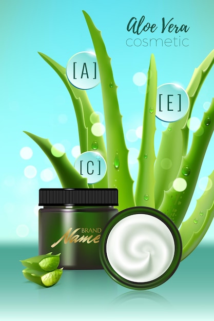 Design de cartaz publicitário para produtos cosméticos para catálogo, revista. desenho vetorial de embalagem cosmética. creme hidratante, gel, loção corporal com extrato de aloe vera.