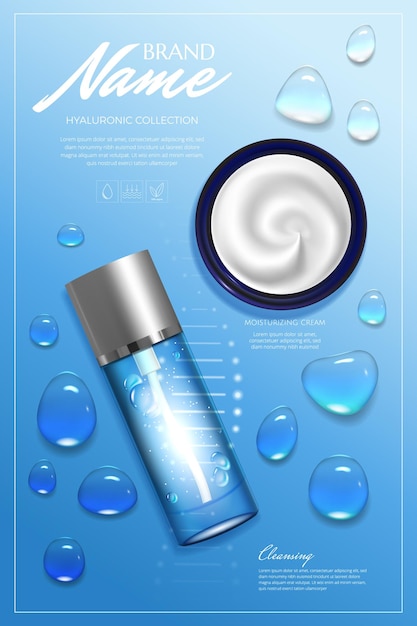 Design de cartaz publicitário para produtos cosméticos para catálogo, revista. projeto de embalagem cosmética. creme hidratante, gel, loção corporal com vitaminas.