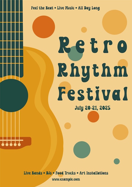 Design de cartaz retrô para festival de música com ilustração vetorial plana de guitarra