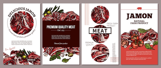 Design de cartões, cartazes, etiquetas ou etiquetas para ilustração de produtos naturais de fazendas de carne