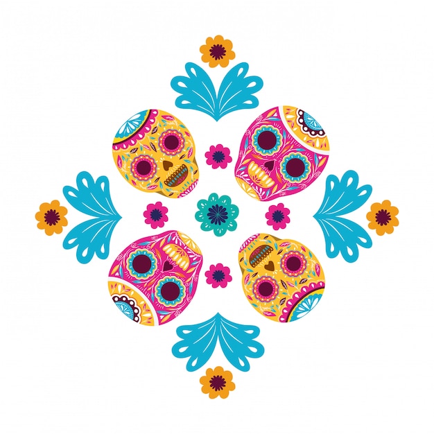 Design de caveiras e flores mexicanas, méxico cultura turismo marco latino e tema de festa ilustração vetorial
