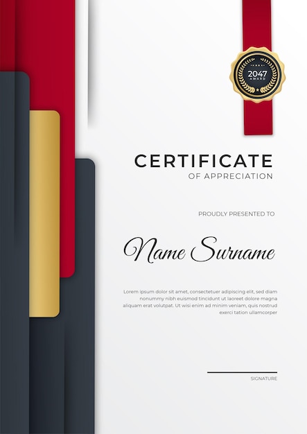 Design de certificado de ouro preto vermelho gradiente moderno modelo