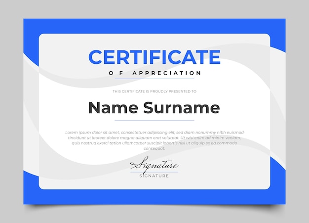 Design de certificado moderno com cor azul e estilo minimalista moderno