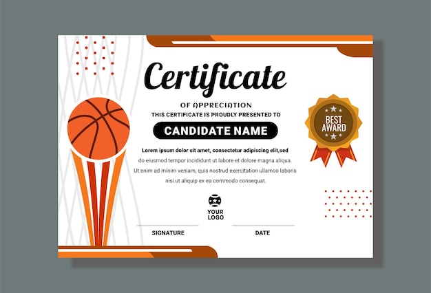 Design de certificado para vencedor de esportes de basquete