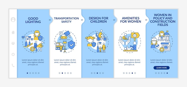 Design de cidade confortável para mulheres e crianças modelo de integração azul e branco site móvel responsivo com ícones de conceito linear passo a passo da página da web telas de 5 etapas latobold fontes regulares usadas