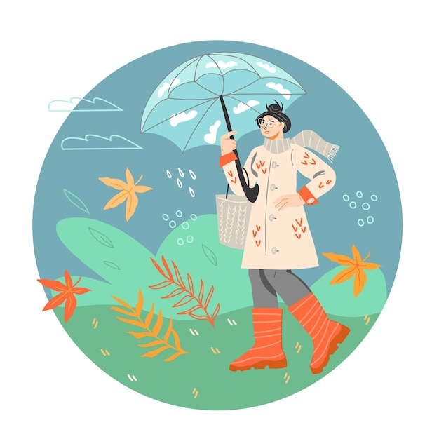Design de clima chuvoso de outono com mulher sob guarda-chuva vetor plano isolado