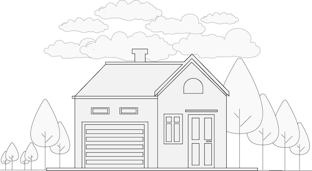 Design de clipart de página para colorir de casa de aldeia simples