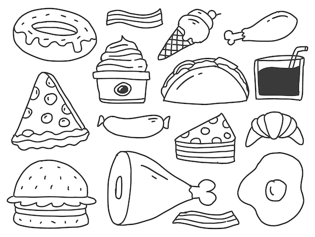 Design de coloração de desenhos animados de doodle de comida