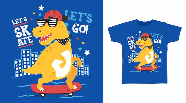 Design de conceito de camiseta de desenho animado de skate de dinossauro