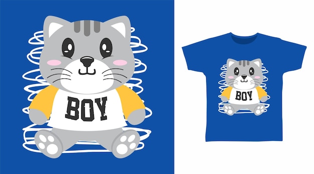 Design de conceito de camiseta de desenho de gatinho cinza