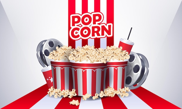 Design de conceito de cinema com objetos de lanche de pipocas realistas, fita de filme, bebida e óculos estéreo