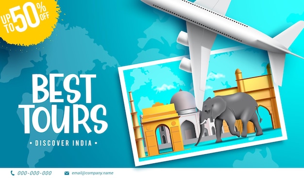Design de conceito de vetor de viagem na índia melhores passeios no texto da índia com marcos de destino do país