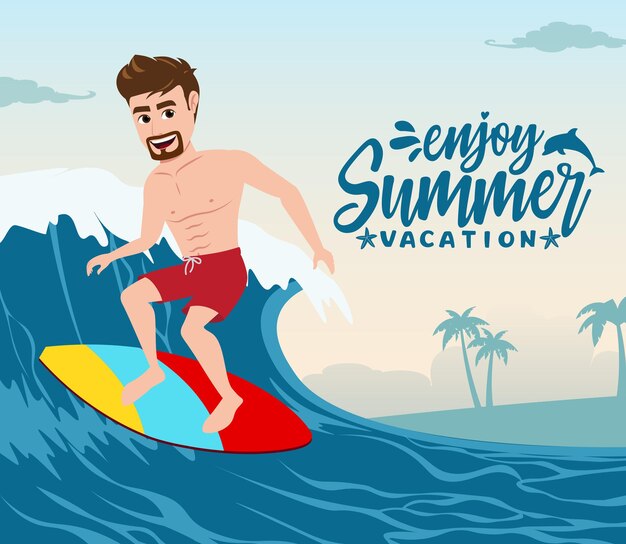 Design de conceito vetorial de férias de verão aproveite o texto de férias de verão com o personagem surfista de homem