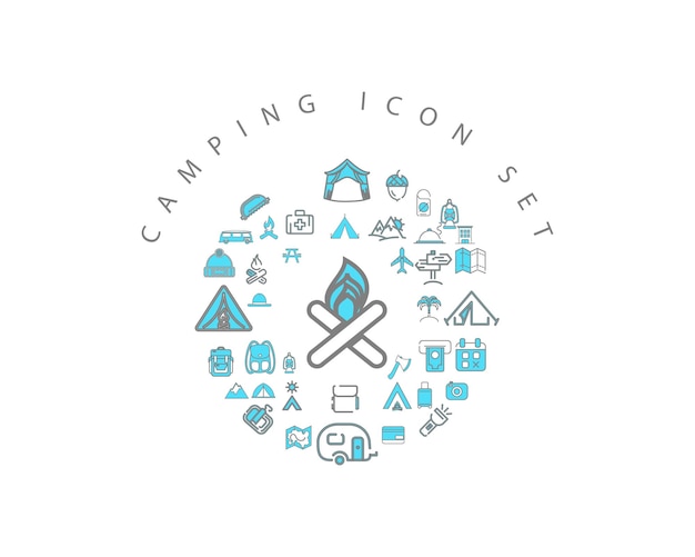 Design de conjunto de ícones de acampamento plano