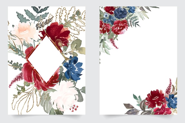 Design de convite de aquarela de cartão com rosas vermelhas e cor de vinho deixa o fundo da flor