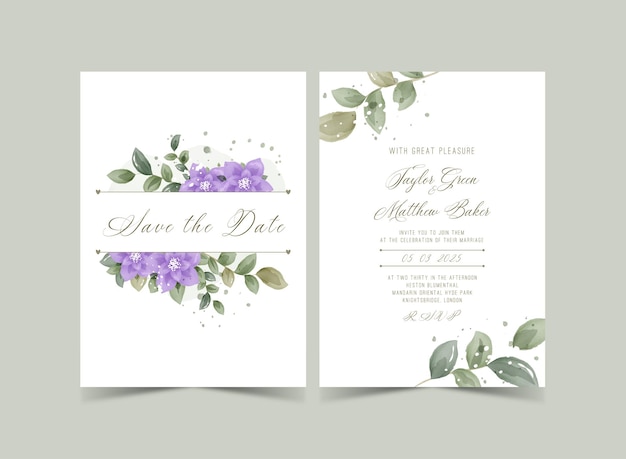 Design de convite de cartão de casamento em estilo rústico com modelo floral aquarela verde