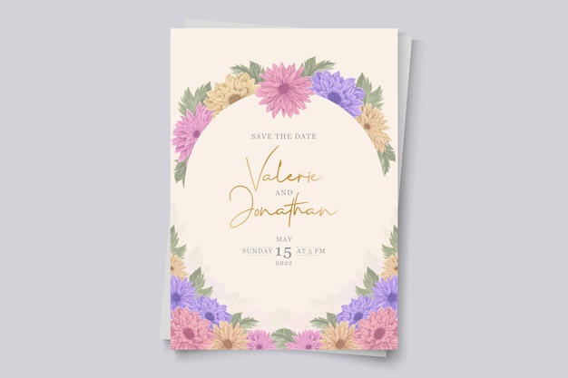 Design de convite de casamento com enfeite de flor de crisântemo colorido