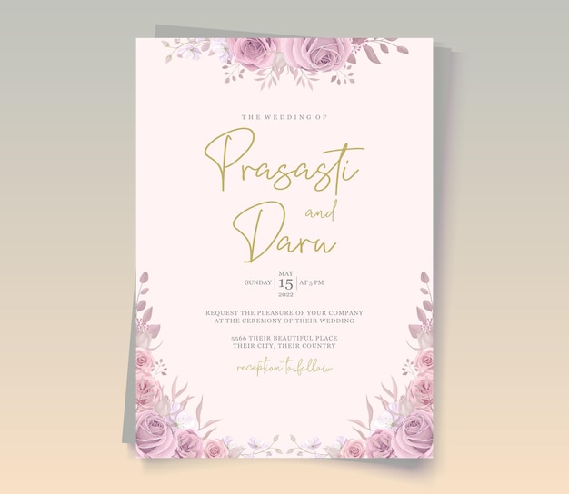 Design de convite de casamento com enfeite de rosas rosa suave