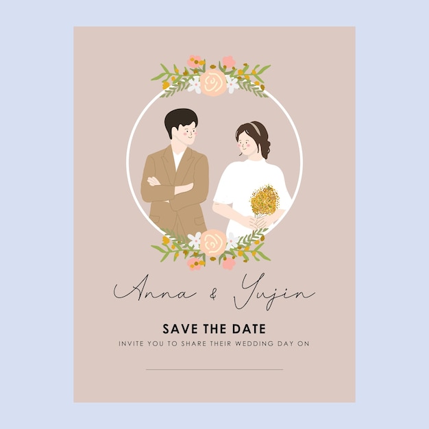 design de convite de casamento com ilustração de casal e flores vetor grátis
