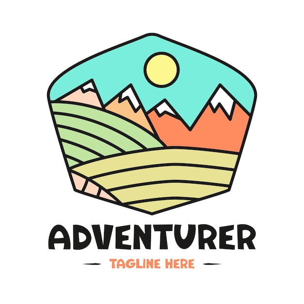 Design de crachá de acampamento com montanhas abstratas e gráficos de logotipo de viagem textadventurer estoque vetor la