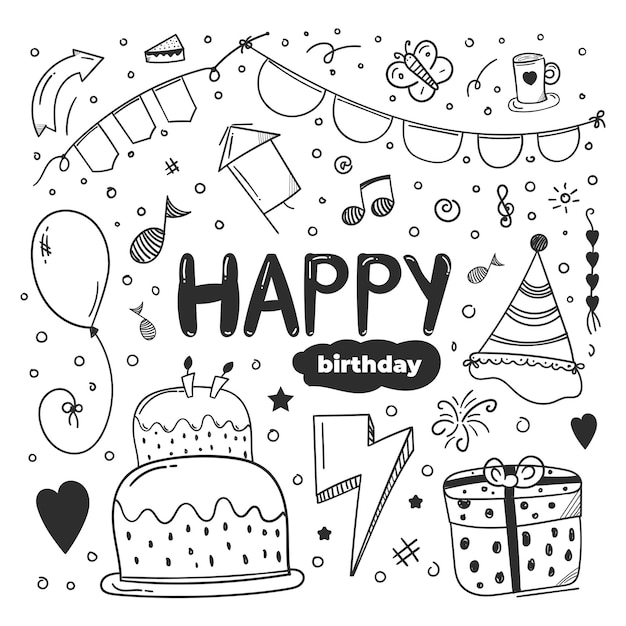 Design de elemento de feliz aniversário com estilo doodle