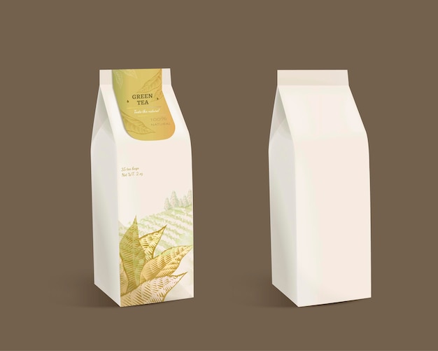 Design de embalagem de folhas de chá verde com saco de papel em branco na ilustração 3D