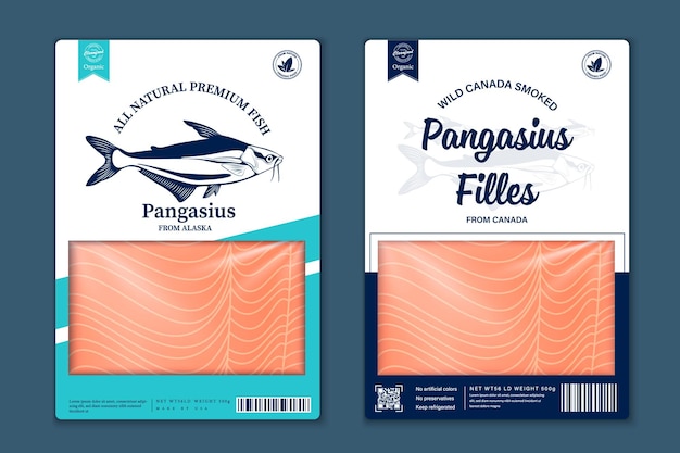 Design de embalagem de peixe estilo simples sey, silhuetas de peixe pangasius