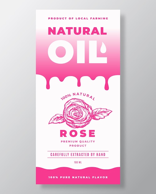 Design de embalagem de vetor abstrato de óleo natural ou modelo de etiqueta tipografia moderna gotas de gradiente e flor de rosa desenhada à mão com pétalas esboço silhueta layout de fundo