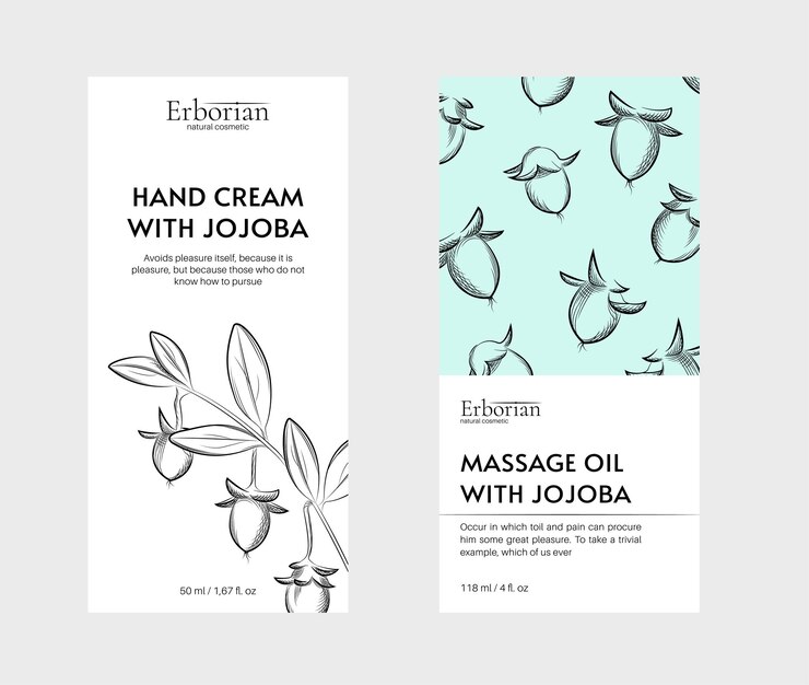 Design de embalagem para cosméticos à base de plantas Ilustração vetorial desenhada à mão jojoba