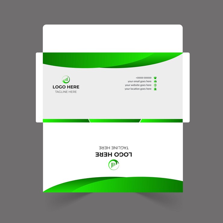 Vetor design de envelope corporativo com acentos verdes e elementos de marca
