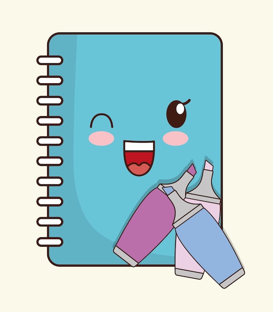 Design de escola representado pelo caderno de kawaii e ícone de marcador