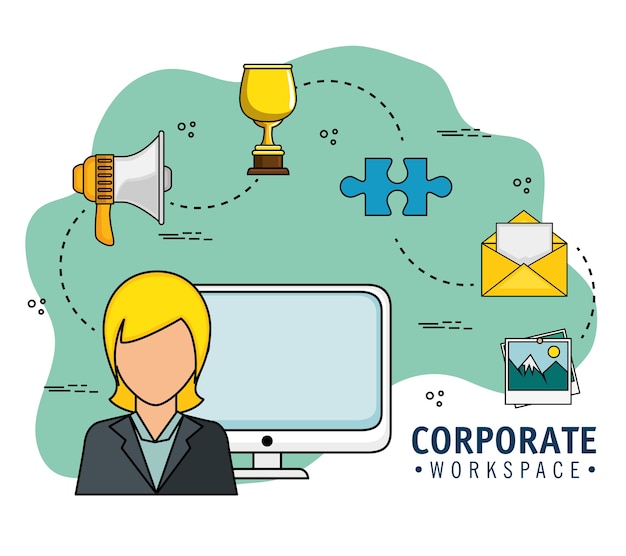 Design de espaço de trabalho corporativo com empresária avatar e material de escritório vector illustration