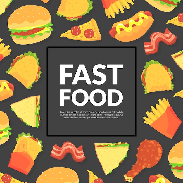 Design de fast food com sanduíche de hambúrguer apetitoso e modelo vetorial de fatias de pizza
