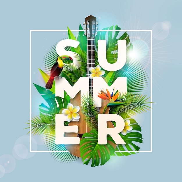 Design de férias de verão com tucano bird e guitarra acústica