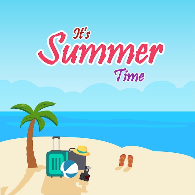 Design de férias de verão para viagens em uma ilha de praia de areia com ilustração vetorial de itens de verão