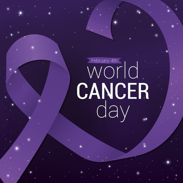 Design de fita roxa, dia mundial do câncer, quatro de fevereiro, campanha de conscientização e tema de prevenção de doenças