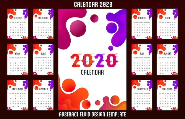 Design de fluido abstrato calendário 2020