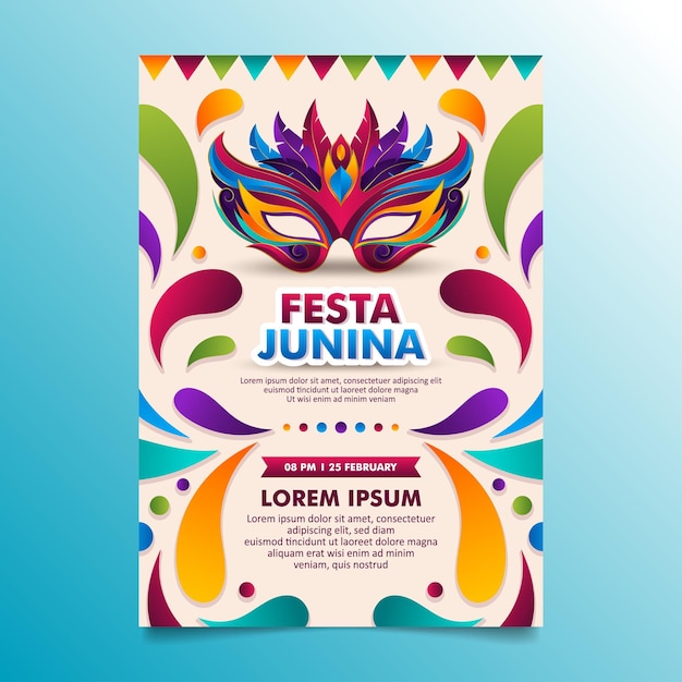 Vetor design de flyer festa junina do festival brasileiro com máscara de carnaval colorida