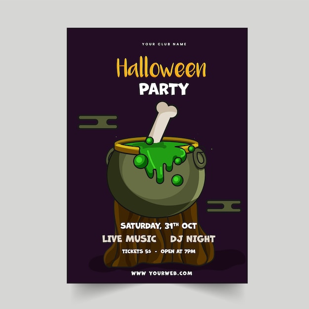 Design de folheto de festa de halloween com caldeirão fervente no toco de madeira e detalhes do evento.