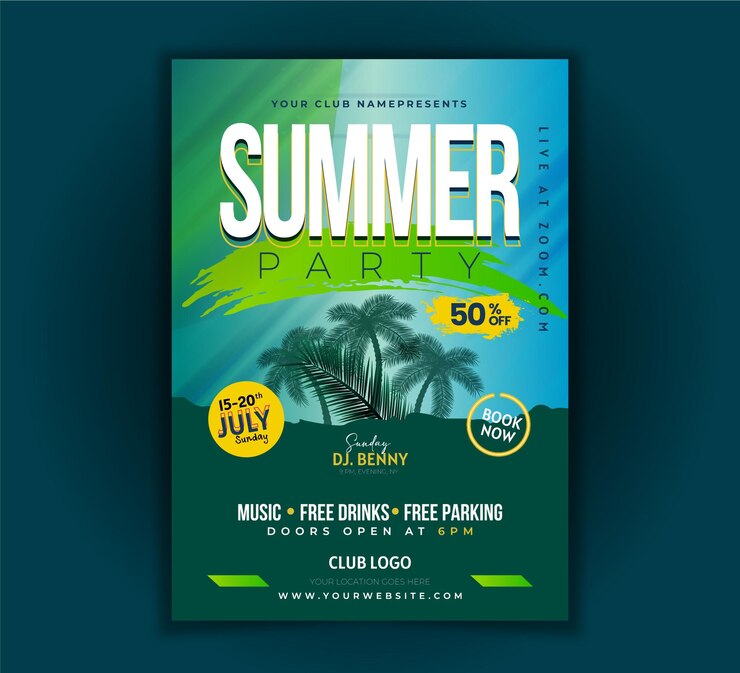design de folheto de festa de verão e postagem de mídia social de verão