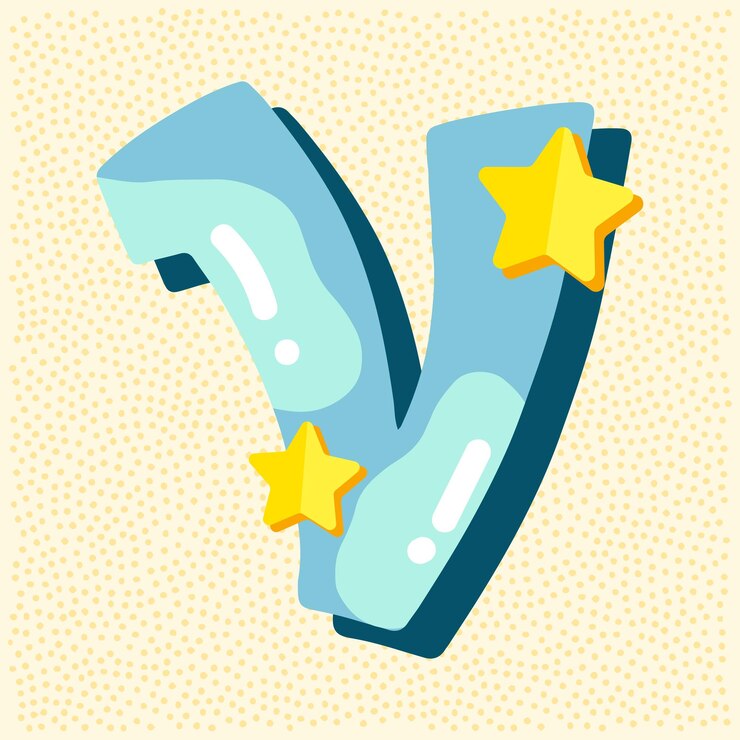 Vetor design de fonte brilhante de doces pastel azul e papel amarelo letras de decoração de estrela abc doces para meninas letra v