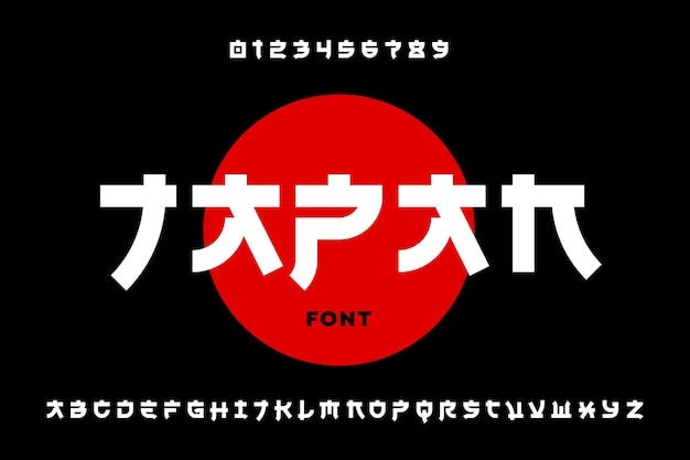 Vetor design de fonte latina em estilo japonês, letras e números do alfabeto