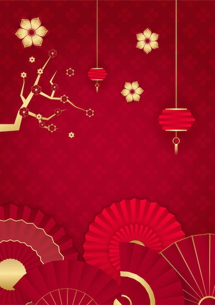 Design de fundo de banner festival de ano novo chinês feliz vermelho e dourado. china chinesa fundo vermelho e dourado com lanterna, flor, árvore, símbolo e padrão. modelo chinês de corte de papel vermelho e dourado