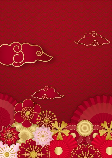 Design de fundo de banner festival de ano novo chinês feliz vermelho e dourado. China chinesa fundo vermelho e dourado com lanterna, flor, árvore, símbolo e padrão. Modelo chinês de corte de papel vermelho e dourado