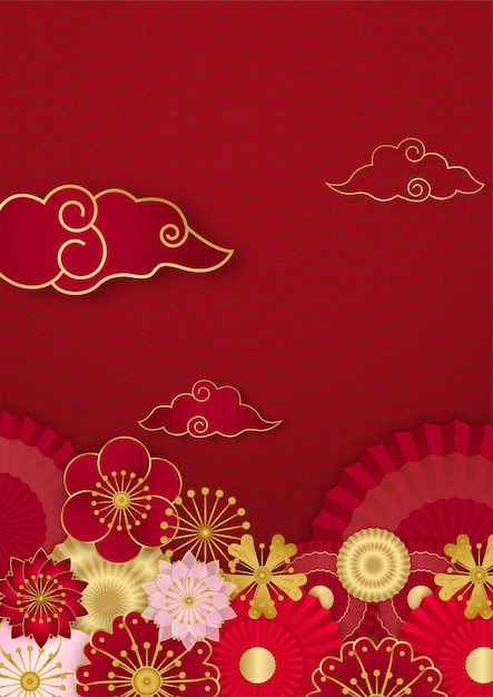 Design de fundo de banner festival de ano novo chinês feliz vermelho e dourado. china chinesa fundo vermelho e dourado com lanterna, flor, árvore, símbolo e padrão. modelo chinês de corte de papel vermelho e dourado