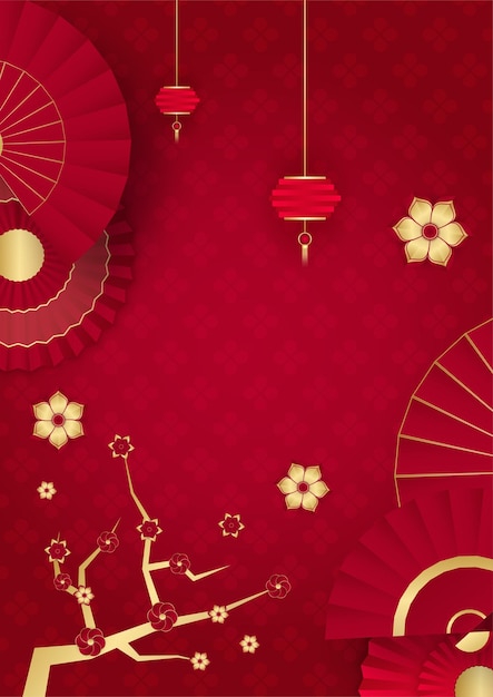 Design de fundo de banner festival de ano novo chinês feliz vermelho e dourado. china chinesa fundo vermelho e dourado com lanterna, flor, árvore, símbolo e padrão. modelo chinês de corte de papel vermelho e dourado