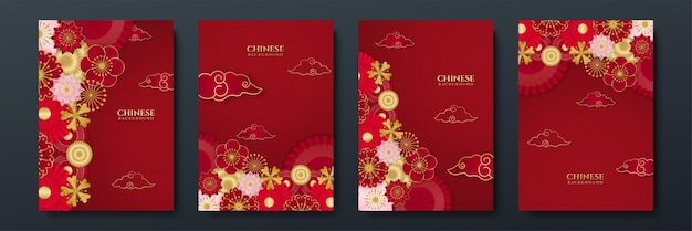 Design de fundo de banner festival de ano novo chinês feliz vermelho e dourado. china chinesa fundo vermelho e dourado com lanterna, flor, árvore, símbolo e padrão. modelo chinês de corte de papel vermelho e dourado