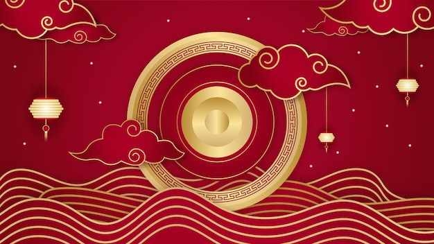 Design de fundo de banner festival de ano novo chinês feliz vermelho e dourado. china chinesa fundo vermelho e dourado com lanterna, flor, árvore, símbolo e padrão. modelo chinês de corte de papel vermelho e dourado