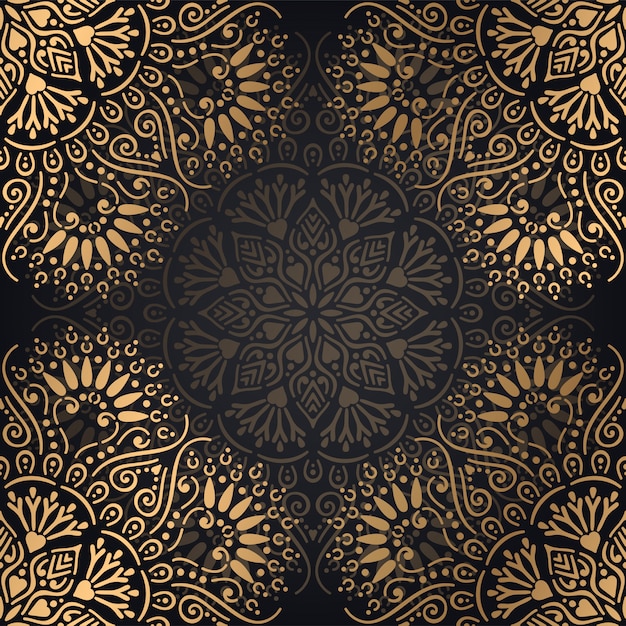 Design de fundo mandala sem costura padrão na cor preta e dourada