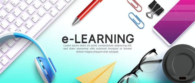 Vetor design de fundo vetorial de elearning texto de elearning com tecnologia de teclado e fones de ouvido